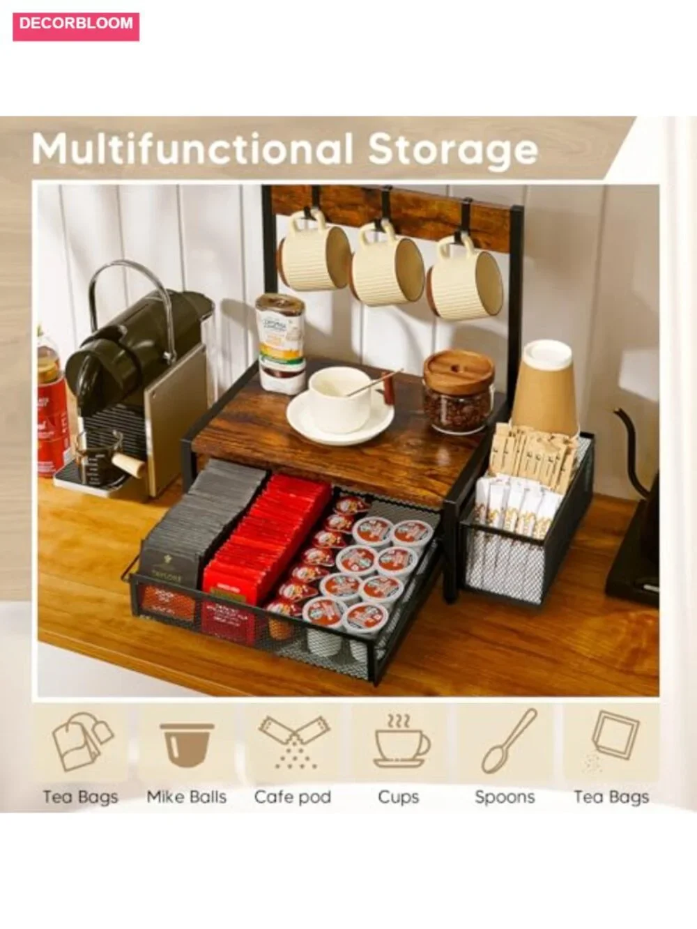 Wood Tea Bag Organizer with Drawer and Cup Holder, 4 Hooks, for Countertop